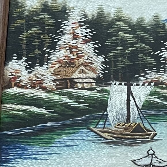 Vintage Japanese Mt Fuji Silk Embroidered Framed Landscape Bridge Boat 19"x12.5" - Picture 4 of 8